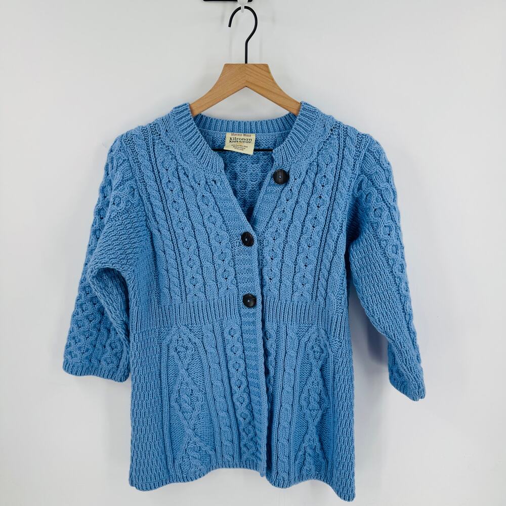 Kilronan Knitwear Irish Merino Wool Blue Aran Cardigan Buttons Small Fisherman - Picture 6 of 6